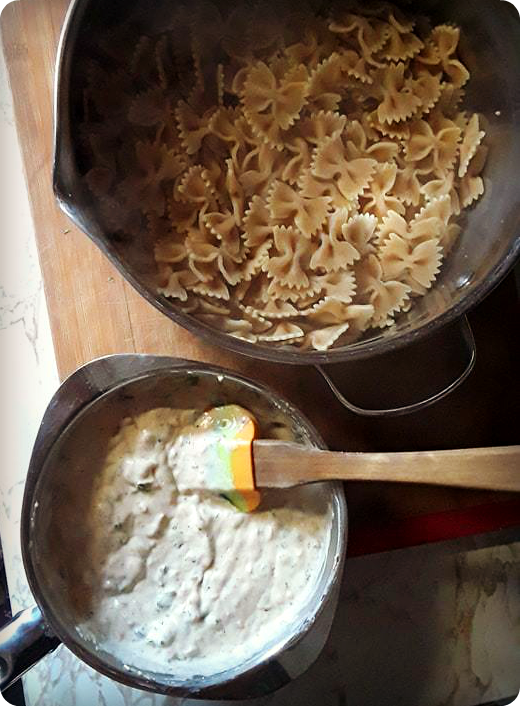 sauce and noodles on counter from top
