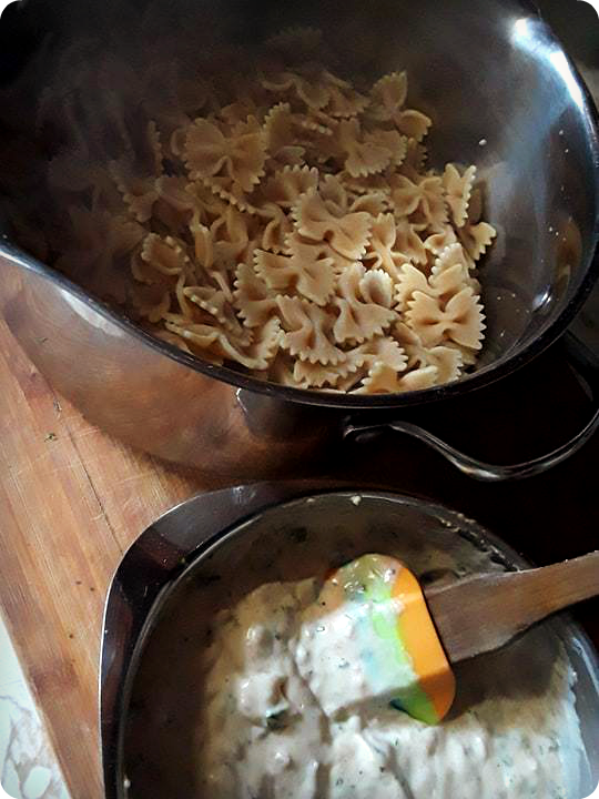 sauce and noodles on counter