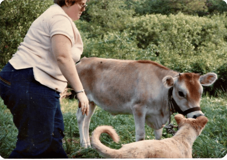 Homesteading in the 1980's in the United States.  Mom with their cow and dog in the pasture.
